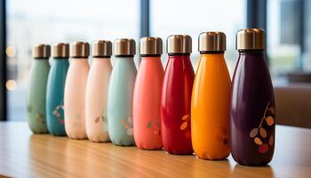 ai généré une vibrant collection de coloré bouteilles sur une en bois table généré par ai photo