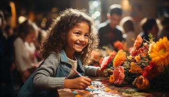 ai généré souriant filles, de bonne humeur garçons, mignonne les enfants en jouant en plein air, bonheur généré par ai photo