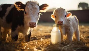 ai généré mignonne vache pâturage sur vert prairie, agriculteur les laits Frais Lait généré par ai photo