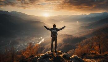 ai généré un la personne permanent sur Haut de Montagne de pointe à lever du soleil généré par ai photo