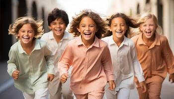 ai généré une de bonne humeur groupe de enfants, souriant et en jouant ensemble Heureusement généré par ai photo