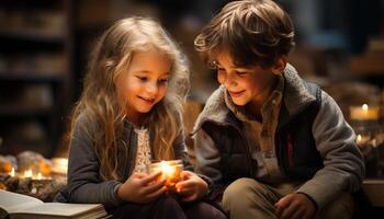 ai généré souriant les enfants séance par bougie, collage dans chaud Noël fête généré par ai photo