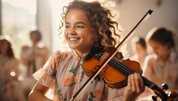 ai généré souriant les enfants en jouant violon, bonheur à l'intérieur, filles' musical éducation généré par ai photo