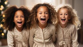 ai généré souriant enfant, bonheur, de bonne humeur filles, mignonne africain et caucasien l'ethnie généré par ai photo