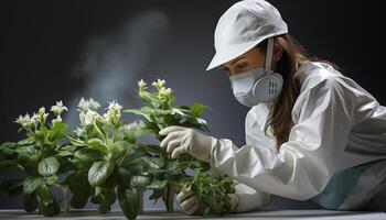 ai généré une scientifique dans protecteur vêtements de travail en cours d'analyse une plante pour la pollution généré par ai photo