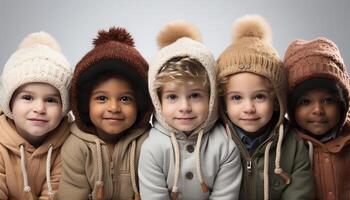 ai généré groupe de enfants, souriant et à la recherche à caméra, en jouant en plein air généré par ai photo