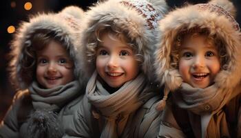 ai généré souriant enfant, mignonne et joyeux, bonheur dans hiver en plein air généré par ai photo