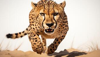 ai généré majestueux africain guépard en marchant sur plaine, à la recherche à caméra généré par ai photo