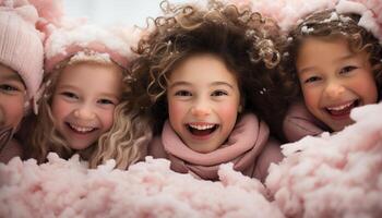 ai généré souriant filles, de bonne humeur garçons, mignonne Fratrie en jouant dans neige généré par ai photo