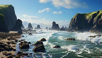 ai généré majestueux Montagne culminer, érodé Roche formation, tranquille littoral, bleu l'eau généré par ai photo