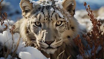 ai généré majestueux neige léopard, rayé beauté, à la recherche à caméra dans région sauvage généré par ai photo