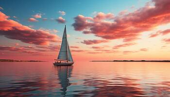 ai généré voilier voiles sur tranquille eau, le coucher du soleil des peintures une nautique chef-d'oeuvre généré par ai photo