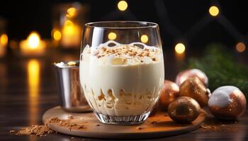 ai généré en bois table avec lait, chocolat, et dessert confortable hiver rafraîchissement généré par ai photo