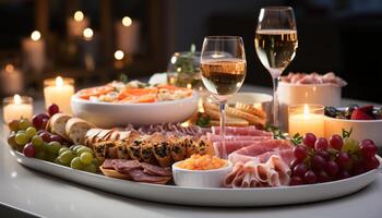 ai généré gourmet repas prosciutto, Viande, pain, vin, fête, luxe, bougie généré par ai photo