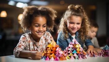 ai généré souriant les filles jouant, de bonne humeur garçons apprentissage, enfance développement par amusement généré par ai photo