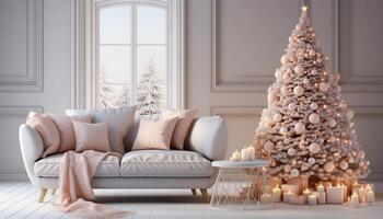 ai généré confortable vivant chambre, moderne conception, illuminé Noël arbre, confortable canapé généré par ai photo