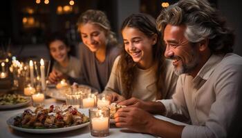 ai généré souriant Hommes et femmes célébrer bonheur à l'intérieur, de bonne humeur et joyeux généré par ai photo