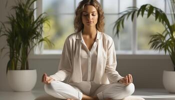 ai généré un femme méditer dans lotus position, pratiquant yoga à l'intérieur généré par ai photo