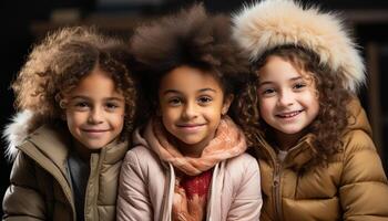 ai généré souriant enfant filles, de bonne humeur garçons, mignonne enfance portrait, bonheur généré par ai photo