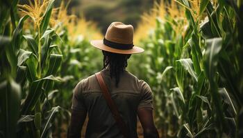 ai généré un agriculteur en marchant dans le vert forêt, profiter solitude généré par ai photo