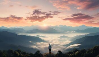 ai généré un la personne permanent sur Haut de Montagne de pointe à lever du soleil généré par ai photo