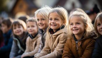 ai généré une grand groupe de de bonne humeur les enfants souriant, profiter la nature ensemble généré par ai photo