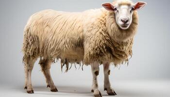 ai généré mignonne agneau permanent dans prairie, à la recherche à caméra avec curiosité généré par ai photo
