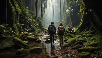 ai généré deux Hommes randonnée dans le forêt, explorant la nature beauté généré par ai photo