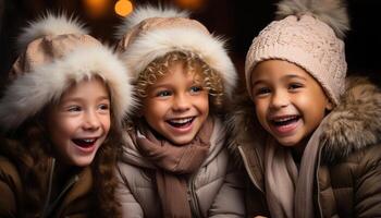 ai généré souriant enfant, de bonne humeur bonheur, mignonne caucasien fille, chaud hiver amusement généré par ai photo