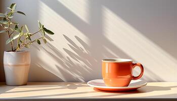 ai généré café tasse sur table par fenêtre, lumière du soleil réchauffe le pièce généré par ai photo