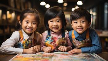 ai généré souriant les enfants de différent ethnies Heureusement peindre ensemble à l'intérieur généré par ai photo