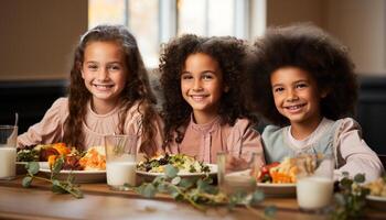 ai généré souriant enfants, à l'intérieur, à la recherche à caméra, profiter en bonne santé repas généré par ai photo