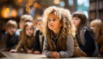 ai généré souriant les enfants en train d'étudier ensemble, profiter éducation dans école bâtiment généré par ai photo