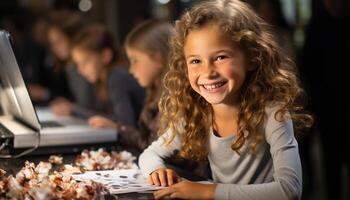 ai généré souriant écoliers en train d'étudier ensemble, profiter La technologie dans le salle de cours généré par ai photo