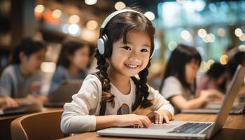 ai généré souriant les filles en étudiant, apprentissage, et profiter La technologie à l'intérieur généré par ai photo