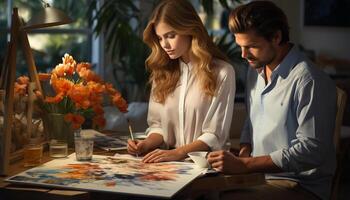 ai généré deux Jeune adultes, une homme et une femme, séance à l'intérieur à une tableau, travail ensemble sur une Créatif projet, souriant et profiter leur Occupation comme artistes généré par ai photo