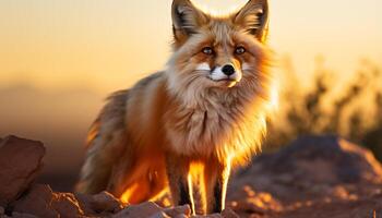 ai généré mignonne chiot séance dans herbe, à la recherche à le coucher du soleil beauté généré par ai photo