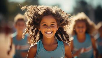 ai généré souriant les filles prendre plaisir insouciant enfance, collage dans la nature de bonne humeur embrasse généré par ai photo