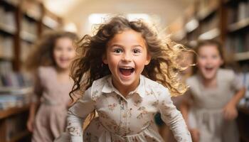 ai généré souriant les filles jouant, apprentissage, collage dans préscolaire salle de cours généré par ai photo