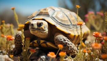 ai généré mignonne tortue rampant dans herbe, une petit, lent reptile généré par ai photo