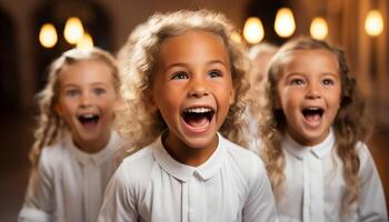 ai généré souriant les filles et garçons, mignonne et joyeux, à l'intérieur ayant amusement généré par ai photo