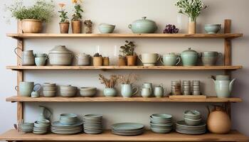 ai généré poterie vase sur étagère, céramique et faïence décoration dans cuisine généré par ai photo