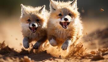 ai généré mignonne chiot en jouant en plein air, fonctionnement et sauter dans le lumière du soleil généré par ai photo