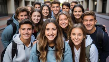 ai généré souriant élèves lier, apprendre, et réussir dans de bonne humeur Campus unité généré par ai photo