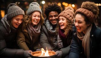 ai généré souriant femmes et Hommes prendre plaisir hiver nuit, relation amicale et amusement généré par ai photo