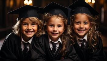 ai généré souriant les enfants dans école uniformes célébrer Succès et relation amicale généré par ai photo