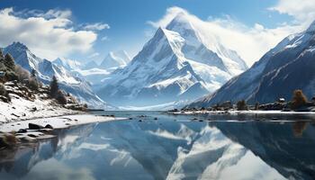 ai généré tranquille scène majestueux Montagne de pointe reflète dans congelé l'eau généré par ai photo