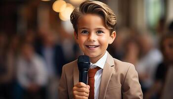 ai généré souriant enfant musicien performant sur organiser, captivant public avec joie généré par ai photo