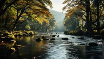 ai généré tranquille scène l'automne forêt, reflétant montagnes, écoulement eau, serein beauté généré par ai photo