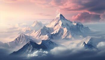 ai généré majestueux Montagne culminer, neige plafonné, en dessous de une étourdissant le coucher du soleil ciel généré par ai photo